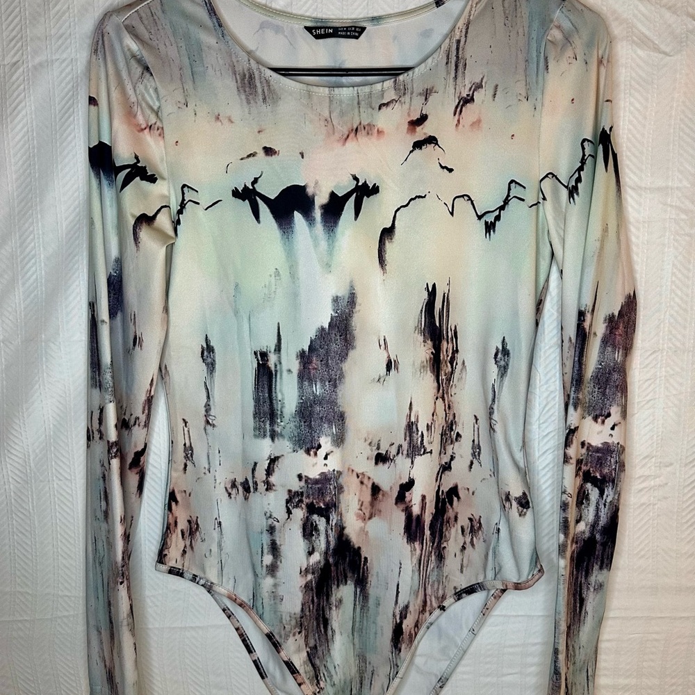 SHEIN Long Sleeve Abstract Print Bodysuit in Cream, Mint, Blush, Charcoal